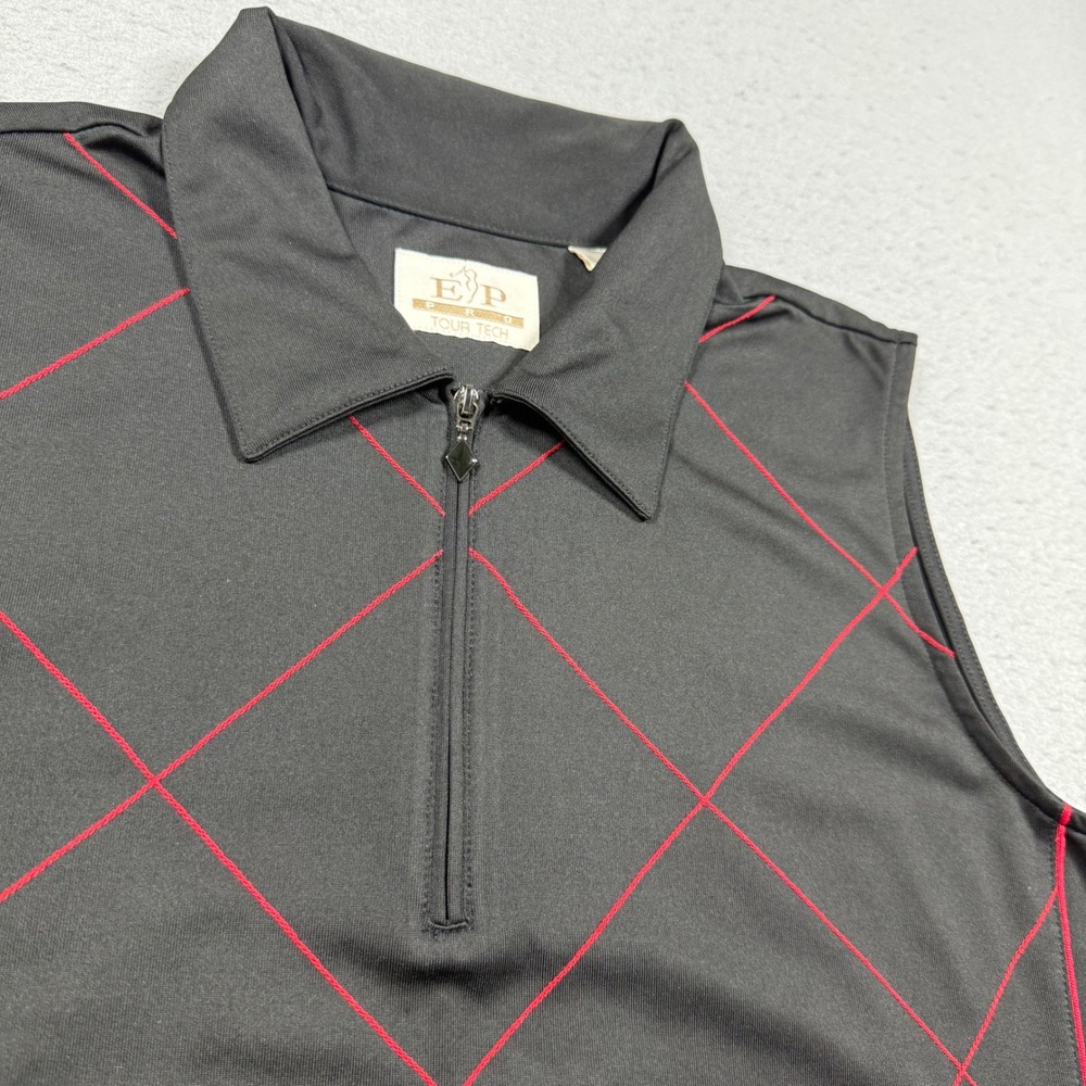 EP Pro Tour Tech Womens Black Red Diamond Grid Sleeveless Quarter Zip Golf Polo